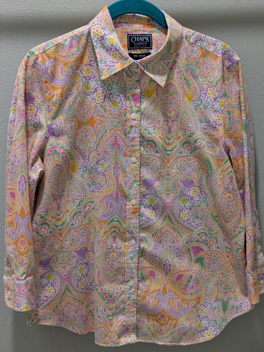 Chaps No-Iron Cotton Women's Blouse Pastel Paisley 3/4 Sleeve Button-Up Petite L